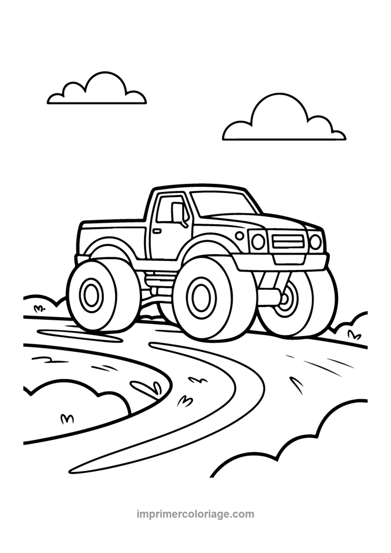 monster truck route sinueuse nuages collines - dessin gratuit &agrave; imprimer
