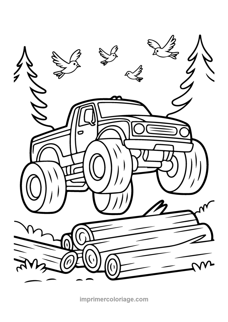 monster truck saut buches oiseaux sapins - dessin gratuit &agrave; imprimer