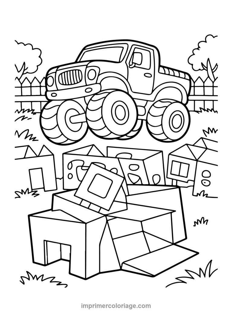 monster truck saut caisses cloture jardin - dessin gratuit &agrave; imprimer