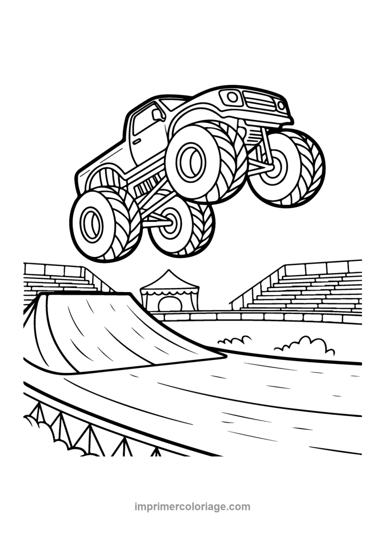 monster truck saut rampe stade tribunes - dessin gratuit &agrave; imprimer
