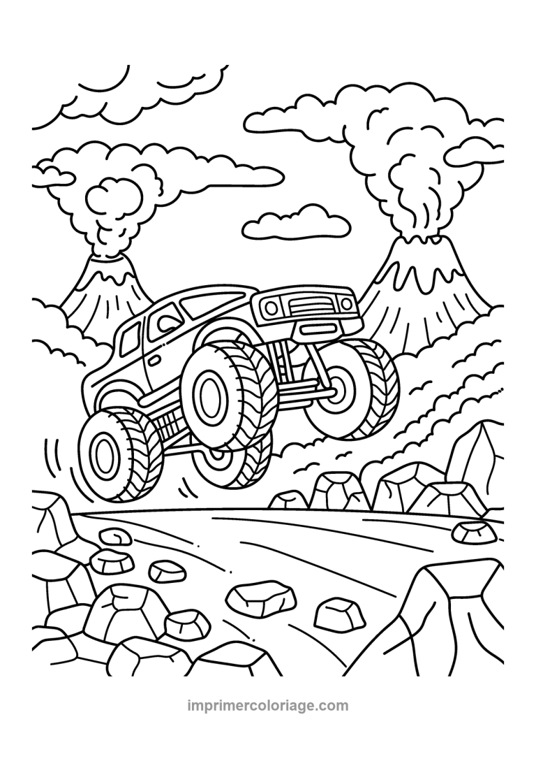 monster truck saut volcans eruption rochers - dessin gratuit &agrave; imprimer