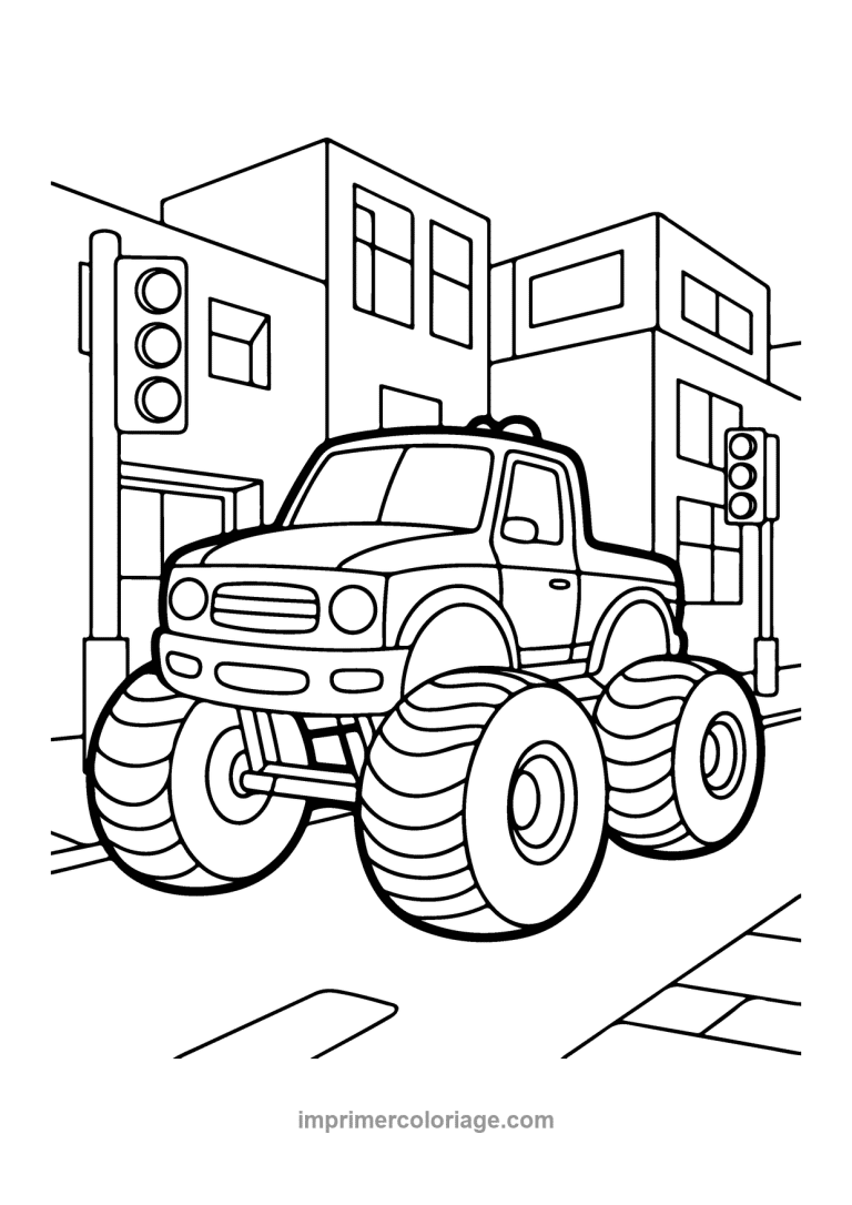 monster truck ville feux immeubles - dessin gratuit &agrave; imprimer