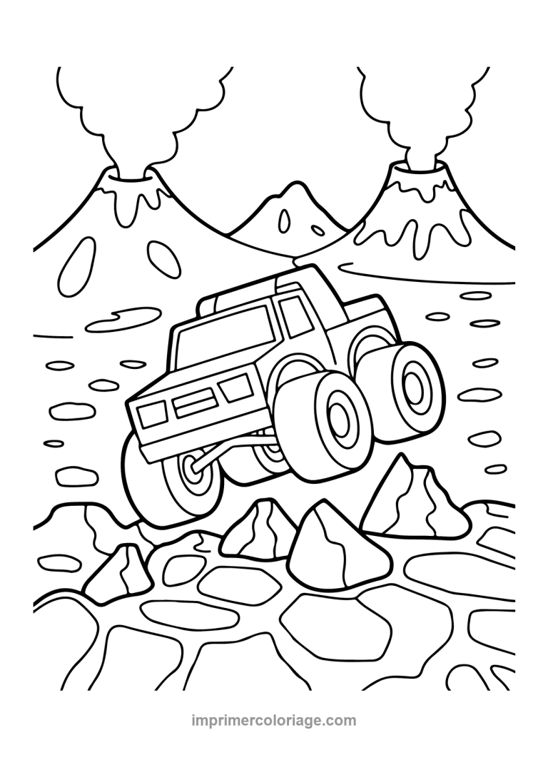monster truck volcans lave rochers - dessin gratuit &agrave; imprimer