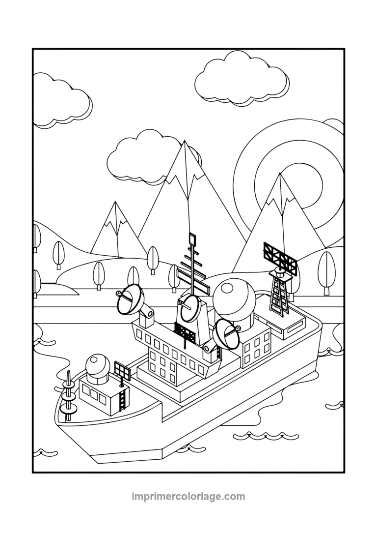 navire radar antennes montagnes arbres - dessin gratuit &agrave; imprimer