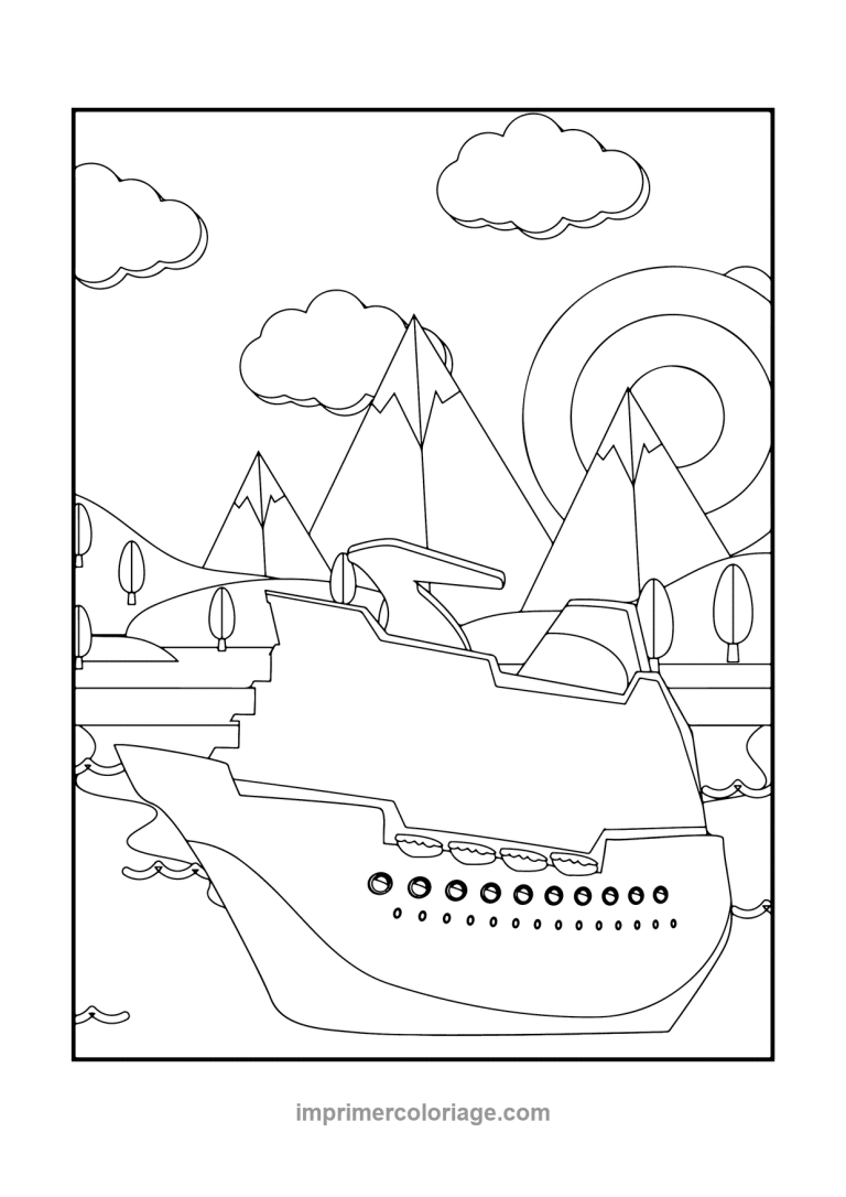 paquebot croisiere hublots montagnes soleil - dessin gratuit &agrave; imprimer