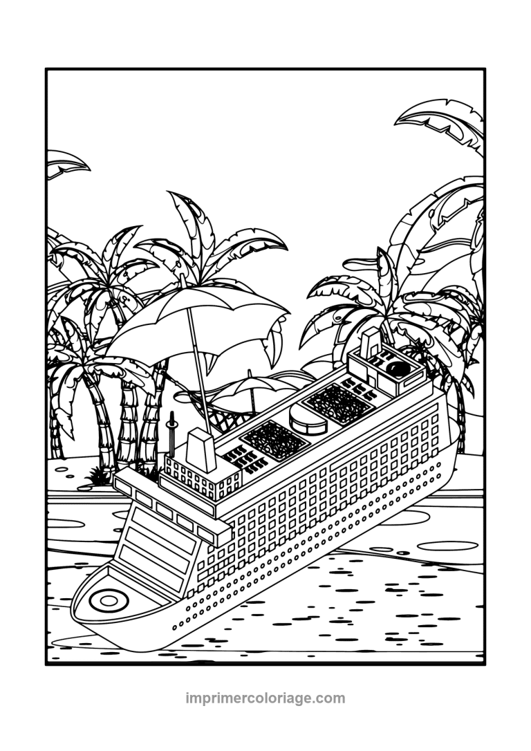 paquebot croisiere ile tropicale palmiers parasol - dessin gratuit &agrave; imprimer