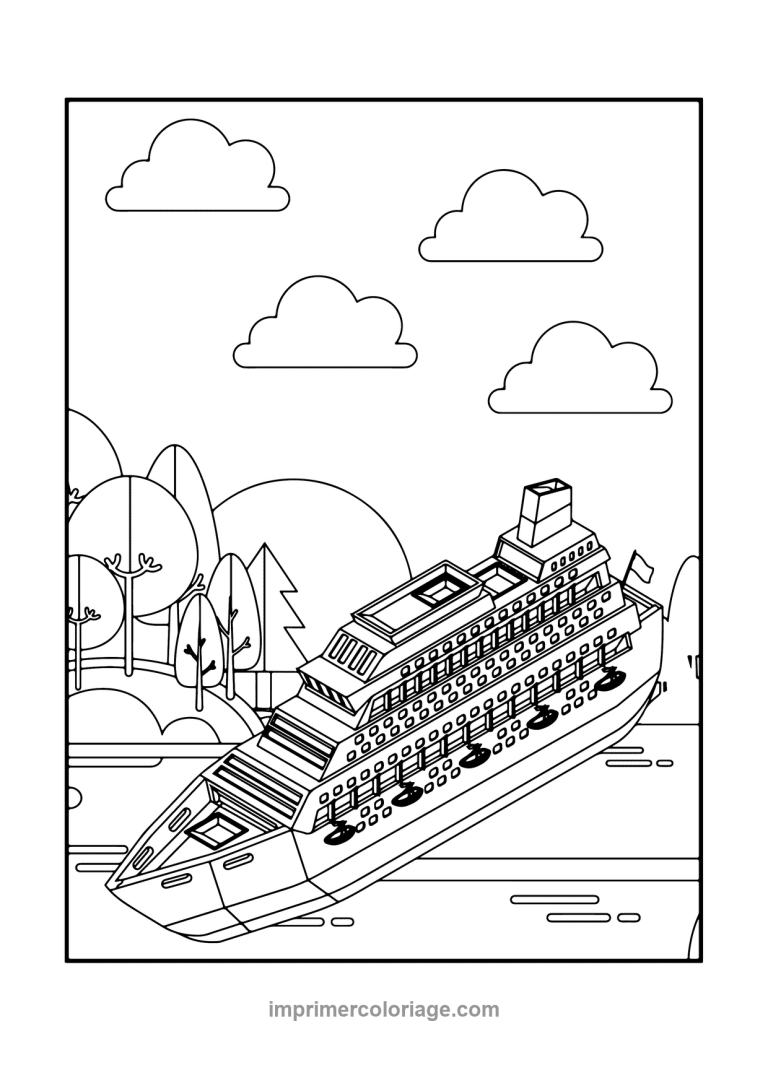 paquebot croisiere isometrique arbres nuages - dessin gratuit &agrave; imprimer