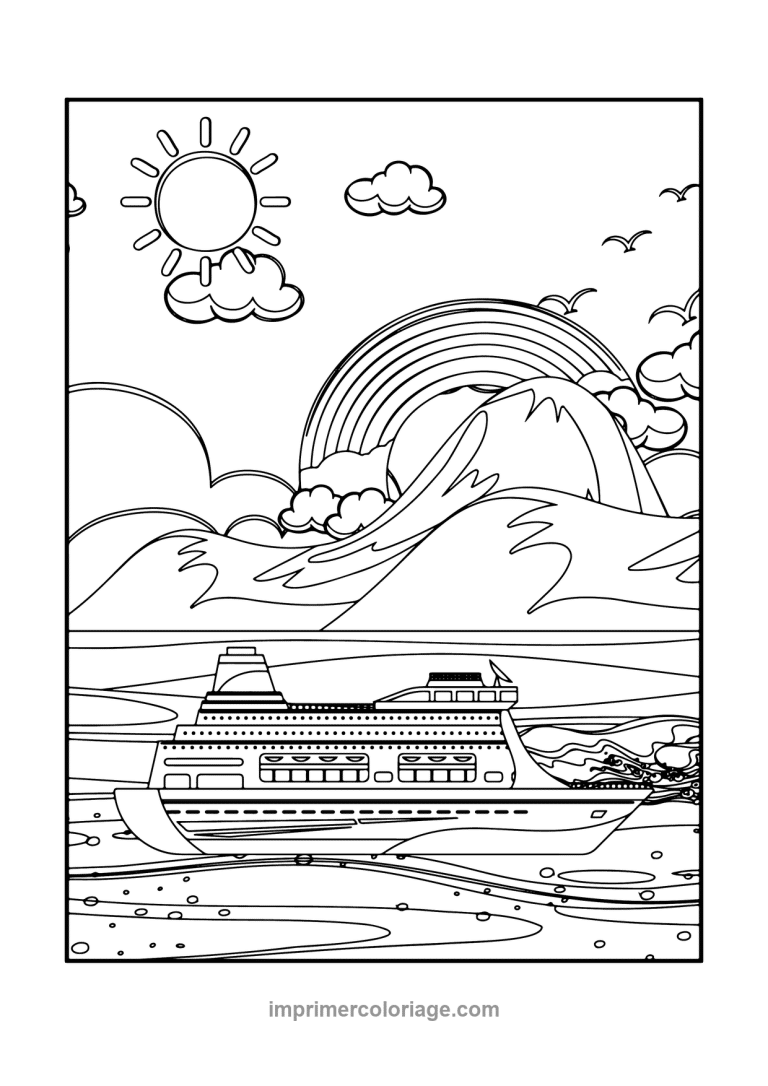 paquebot ferry arc en ciel vagues soleil - dessin gratuit &agrave; imprimer