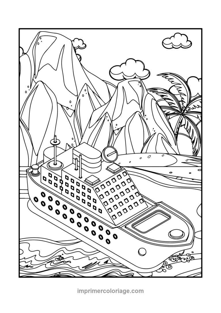 paquebot hublots volcan palmier vagues - dessin gratuit &agrave; imprimer