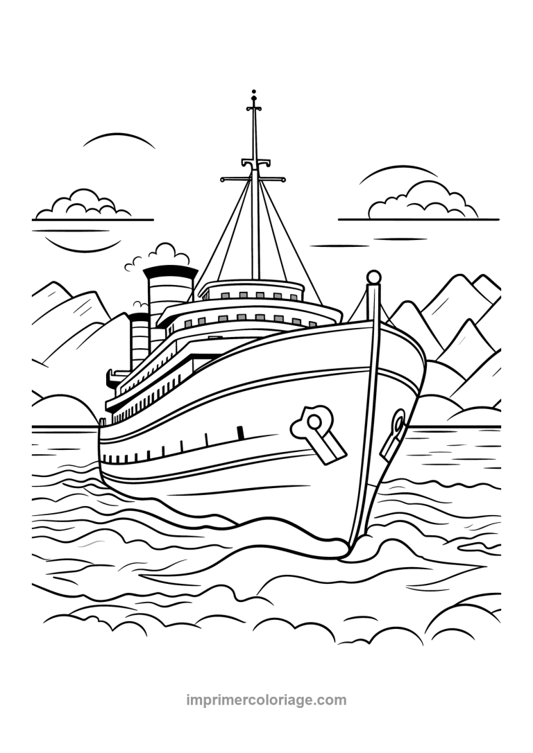 paquebot vapeur cheminee montagnes vagues - dessin gratuit &agrave; imprimer