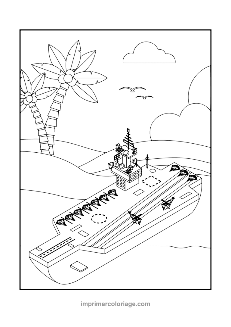 porte avions helicopteres palmiers isometrique - dessin gratuit &agrave; imprimer