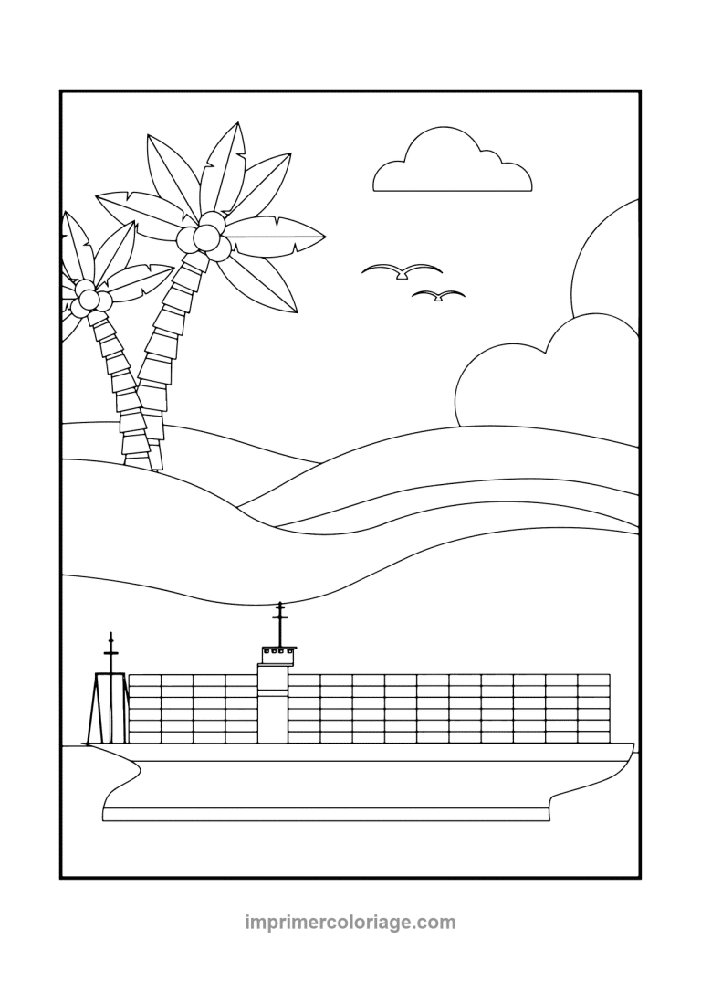 porte conteneurs face palmiers dunes oiseaux - dessin gratuit &agrave; imprimer