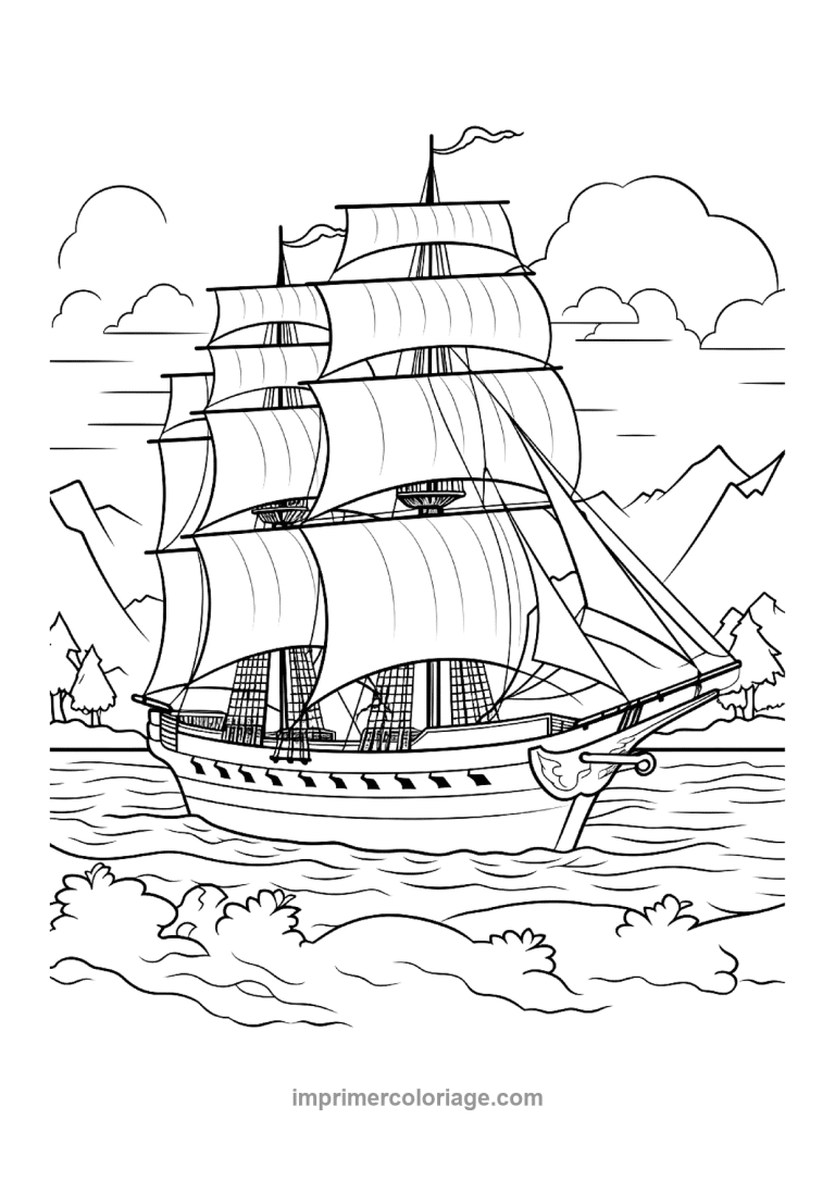 trois mats clipper montagnes arbres mer - dessin gratuit &agrave; imprimer