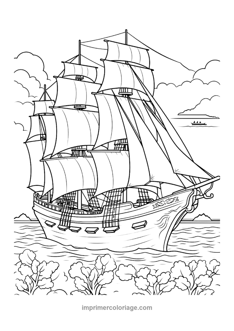 trois mats detaille cote arbres barque - dessin gratuit &agrave; imprimer