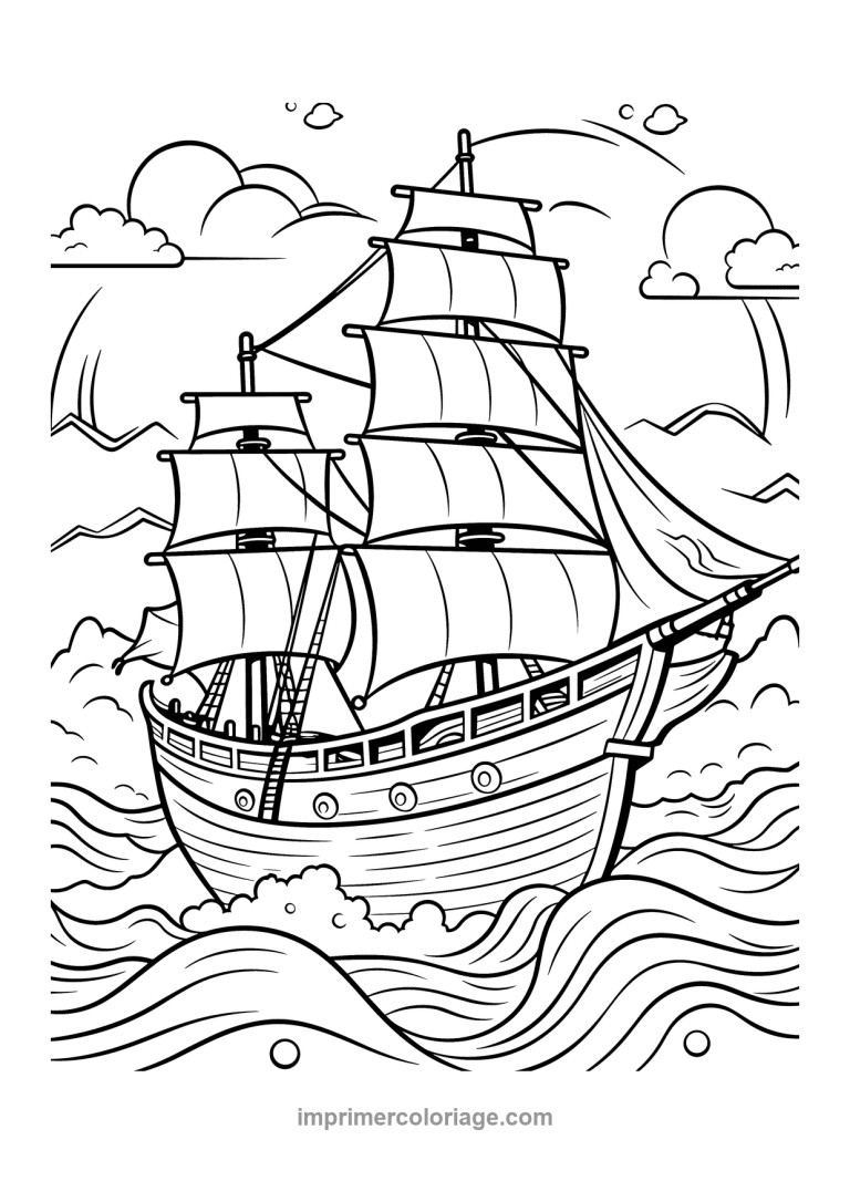 voilier deux mats grandes vagues soleil - dessin gratuit &agrave; imprimer