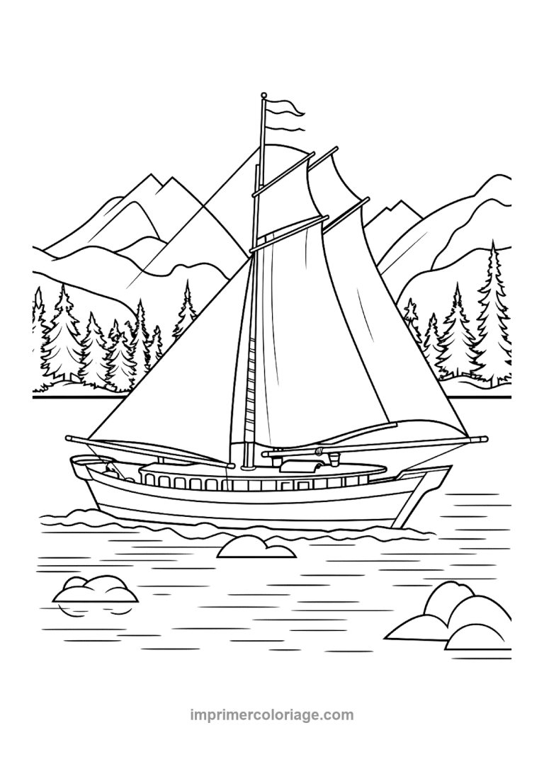 voilier lac montagnes sapins paysage - dessin gratuit &agrave; imprimer