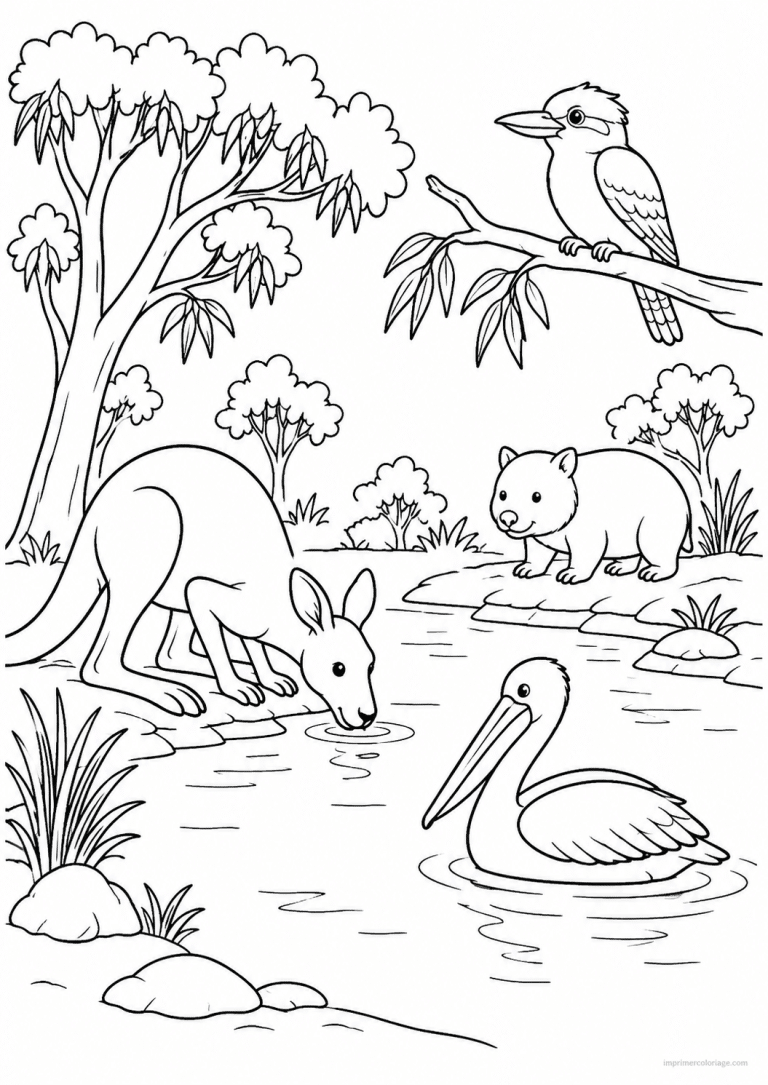 coloriage kangourou billabong kookaburra wombat - dessin gratuit &agrave; imprimer