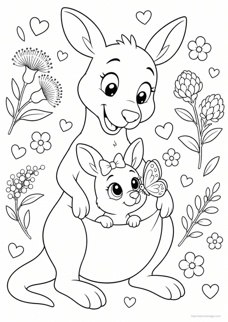 coloriage kangourou cute joey poche papillon - dessin gratuit &agrave; imprimer