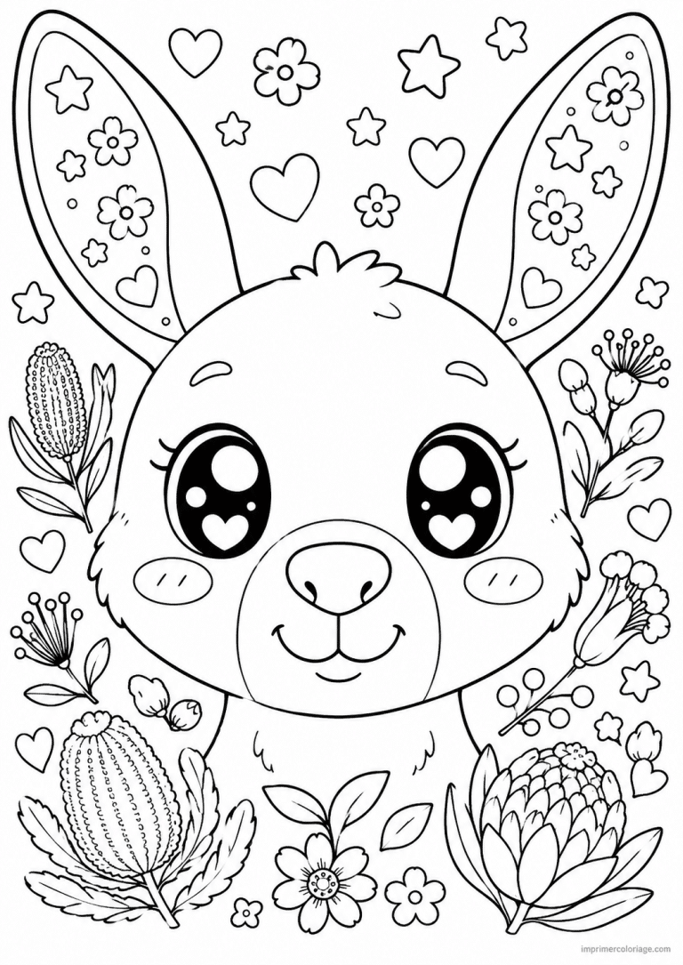 coloriage kangourou kawaii visage fleurs - dessin gratuit &agrave; imprimer