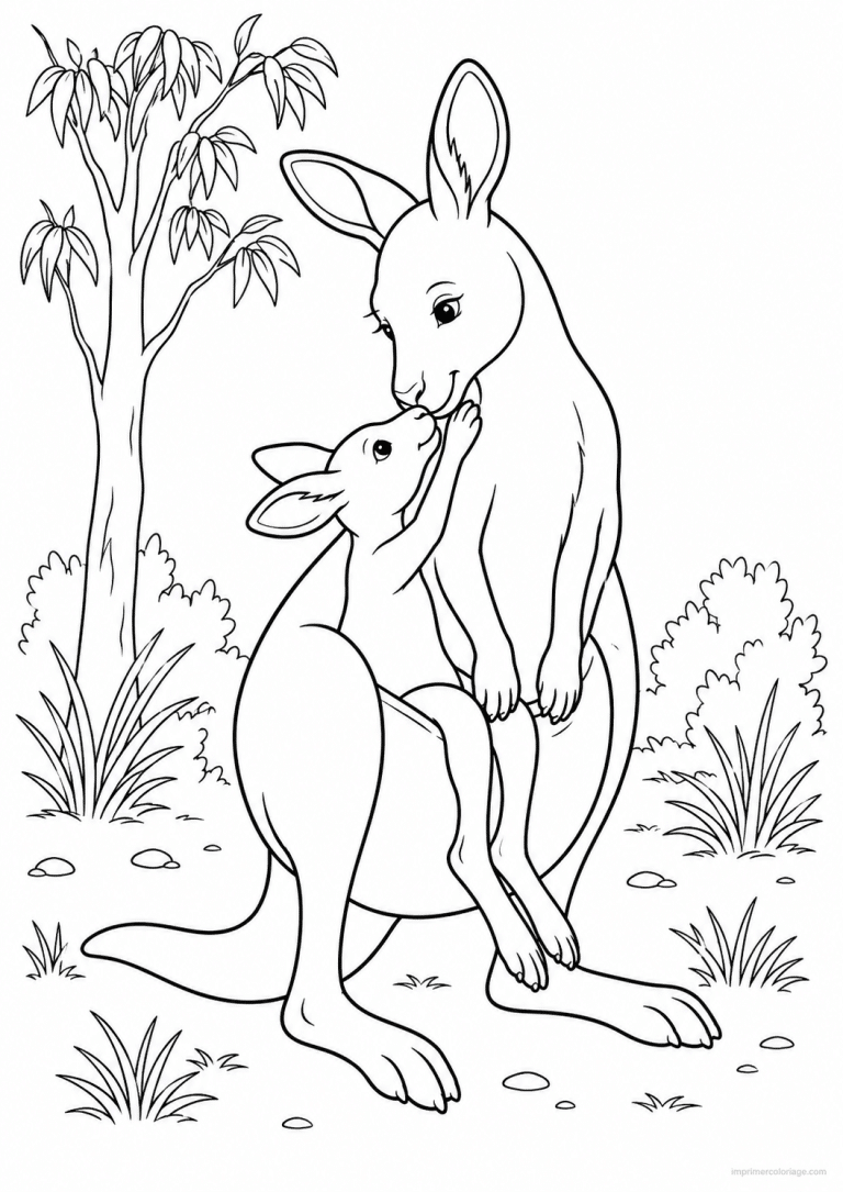 coloriage kangourou mere joey calin buisson - dessin gratuit &agrave; imprimer