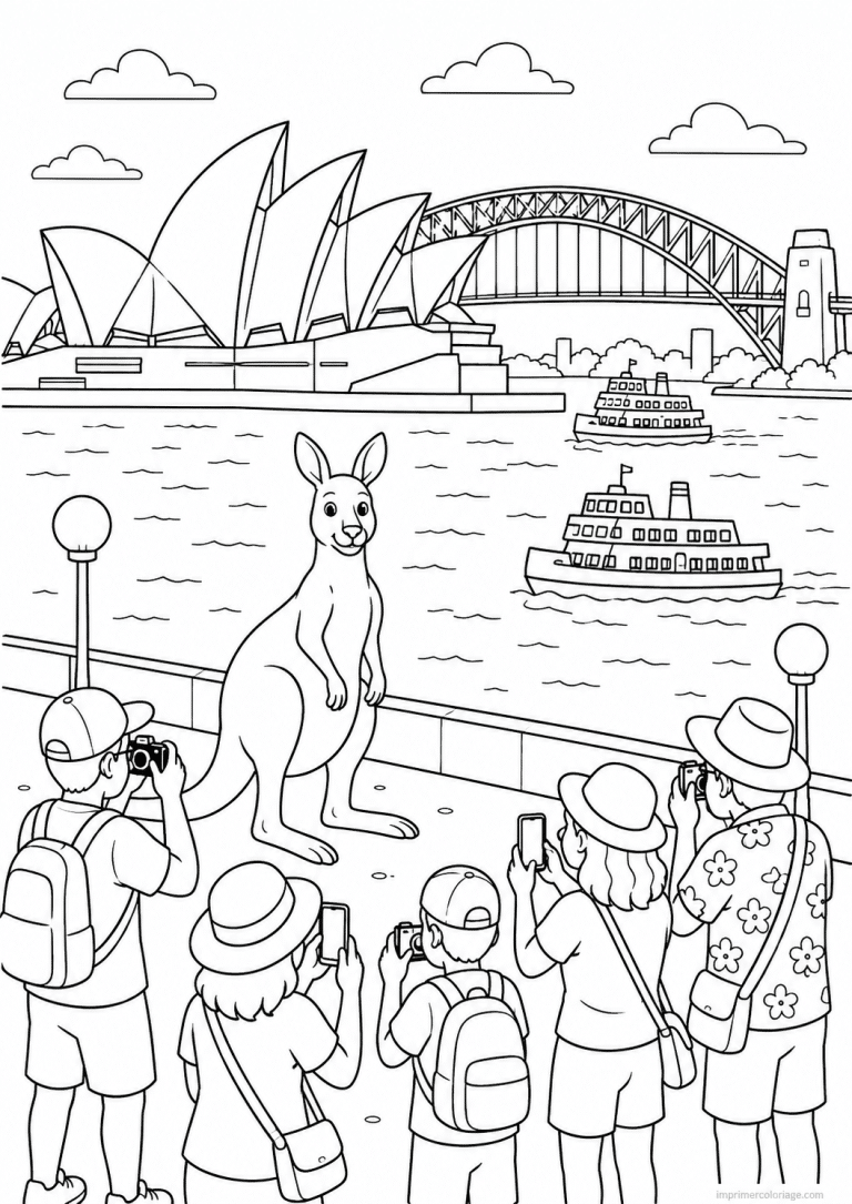 coloriage kangourou sydney opera touristes - dessin gratuit &agrave; imprimer