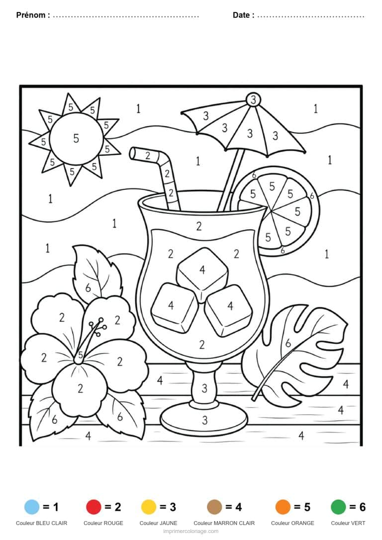 coloriage magique adulte cocktail tropical, dessin gratuit &agrave; imprimer