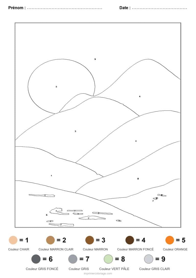 coloriage magique adulte dunes au soleil couchant, dessin gratuit &agrave; imprimer