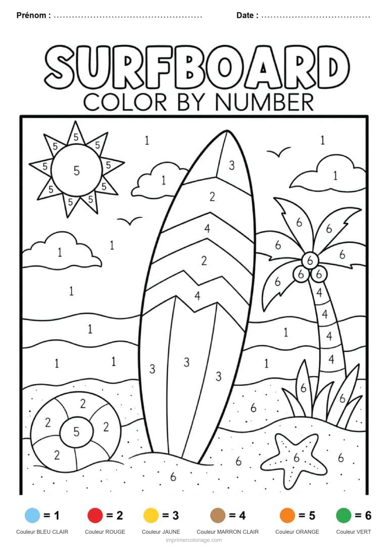 coloriage magique adulte planche de surf, dessin gratuit &agrave; imprimer