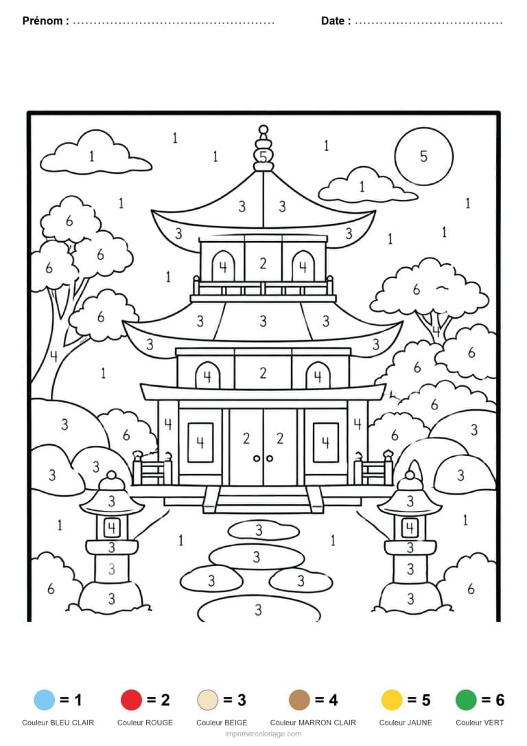coloriage magique adulte temple japonais, dessin gratuit &agrave; imprimer