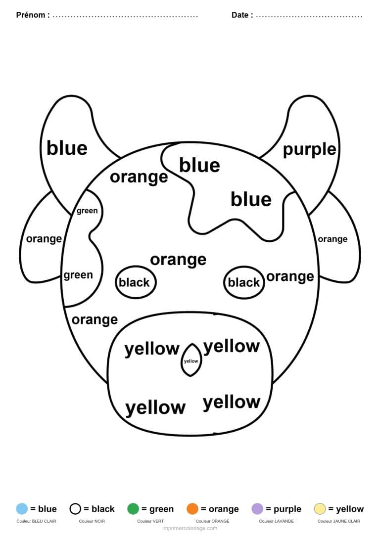 coloriage magique anglais vache, dessin gratuit &agrave; imprimer