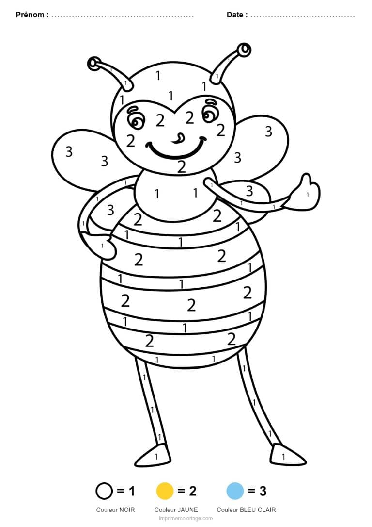 coloriage magique animaux abeille qui salue, dessin gratuit &agrave; imprimer