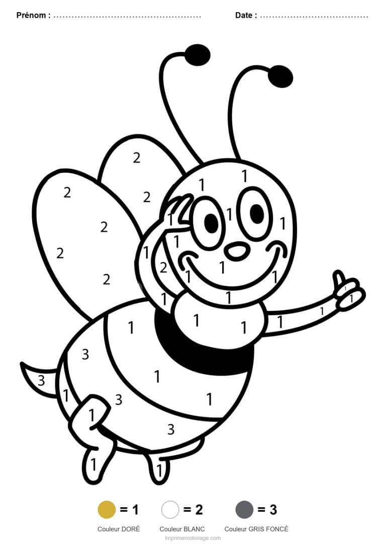 coloriage magique animaux abeille souriante, dessin gratuit &agrave; imprimer