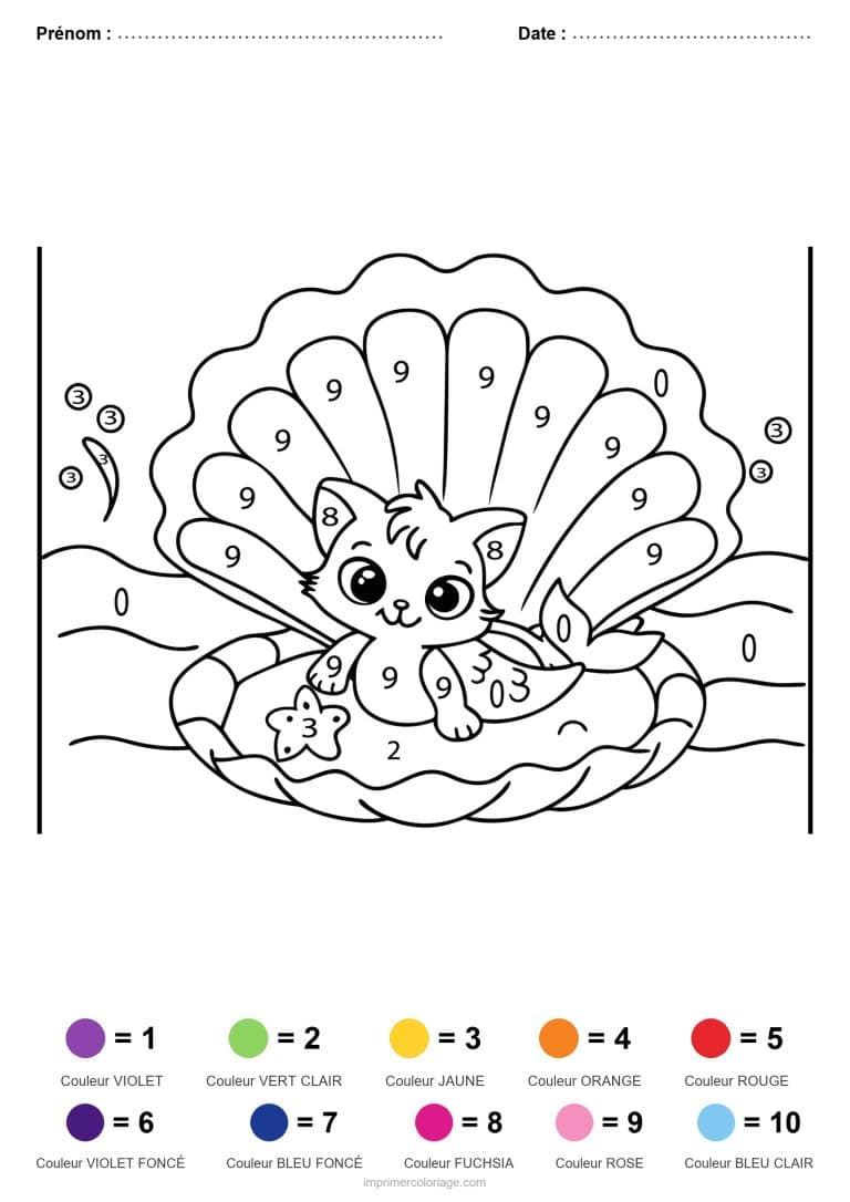 coloriage magique animaux chaton dans un coquillage, dessin gratuit &agrave; imprimer