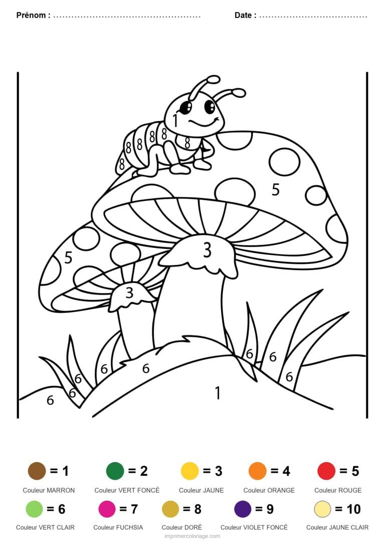 coloriage magique animaux chenille sur champignon, dessin gratuit &agrave; imprimer