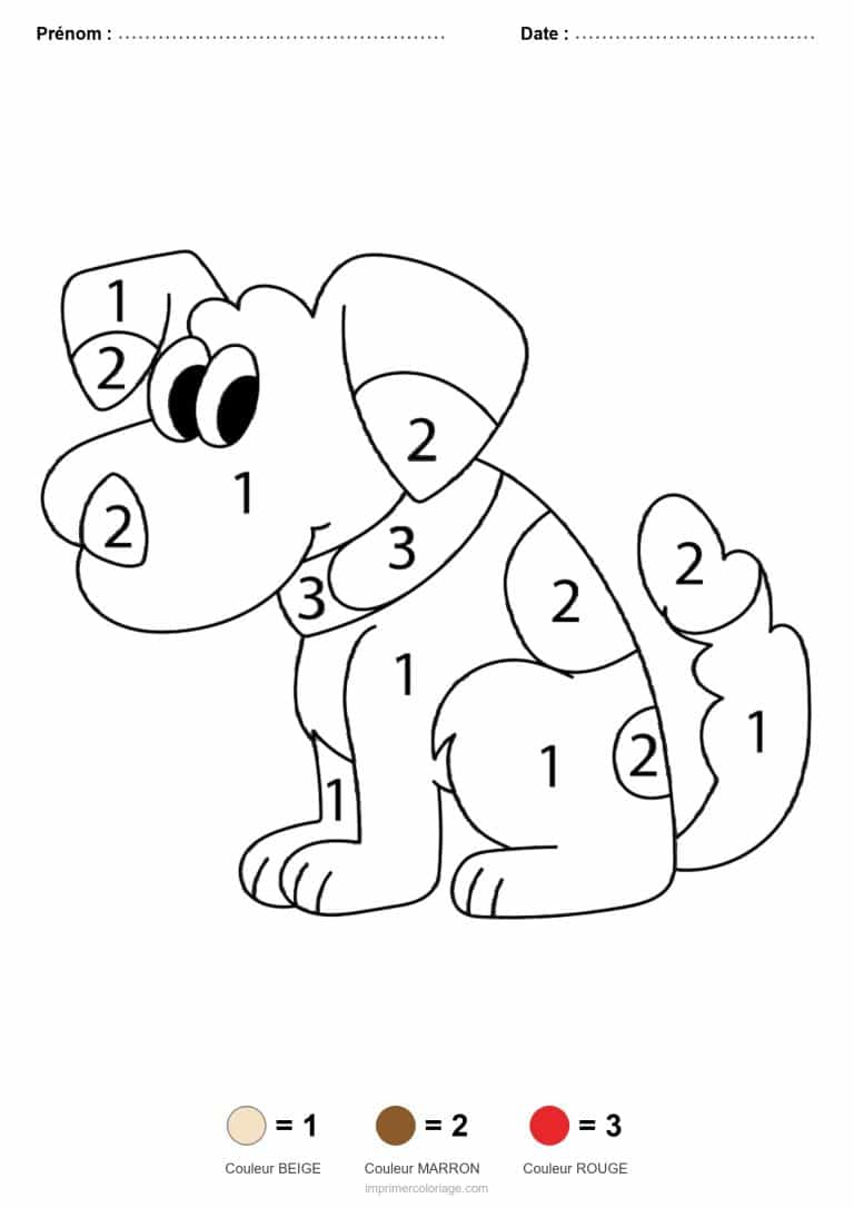 coloriage magique animaux chien assis au collier, dessin gratuit &agrave; imprimer