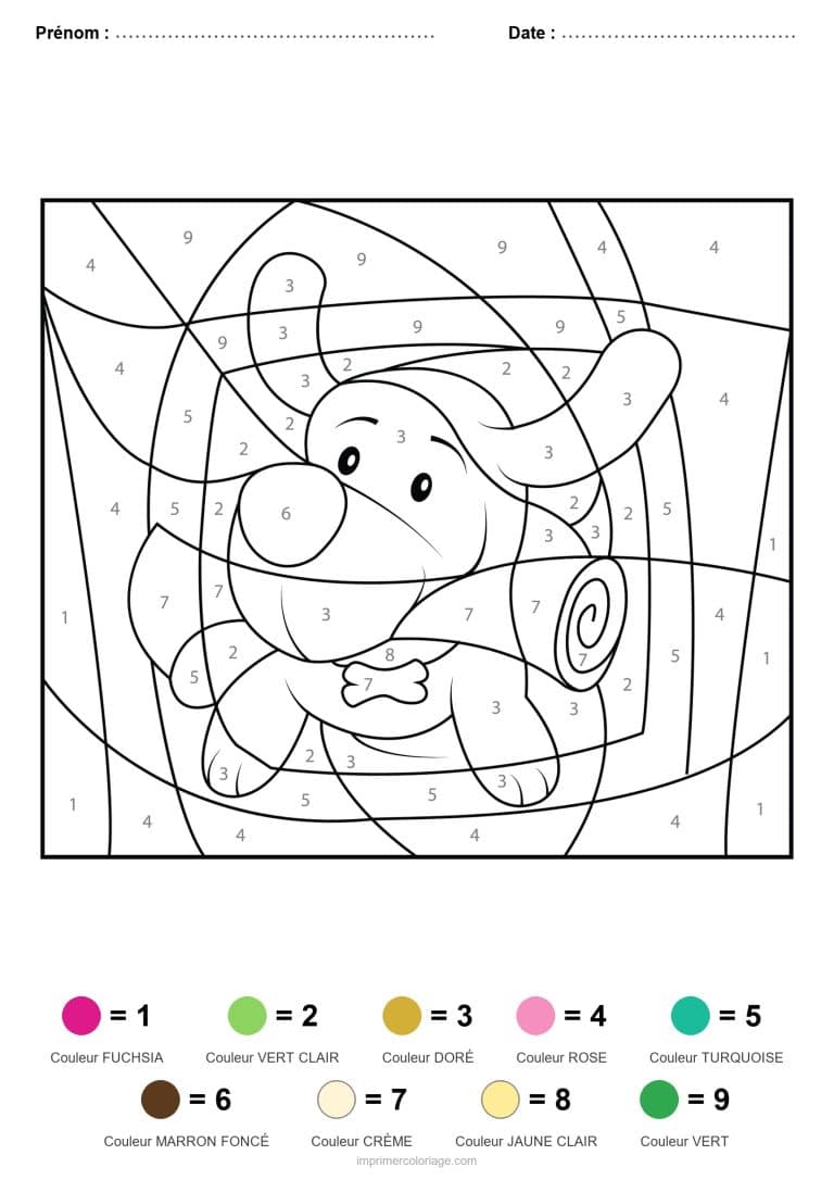 coloriage magique animaux chiot a l escargot, dessin gratuit &agrave; imprimer