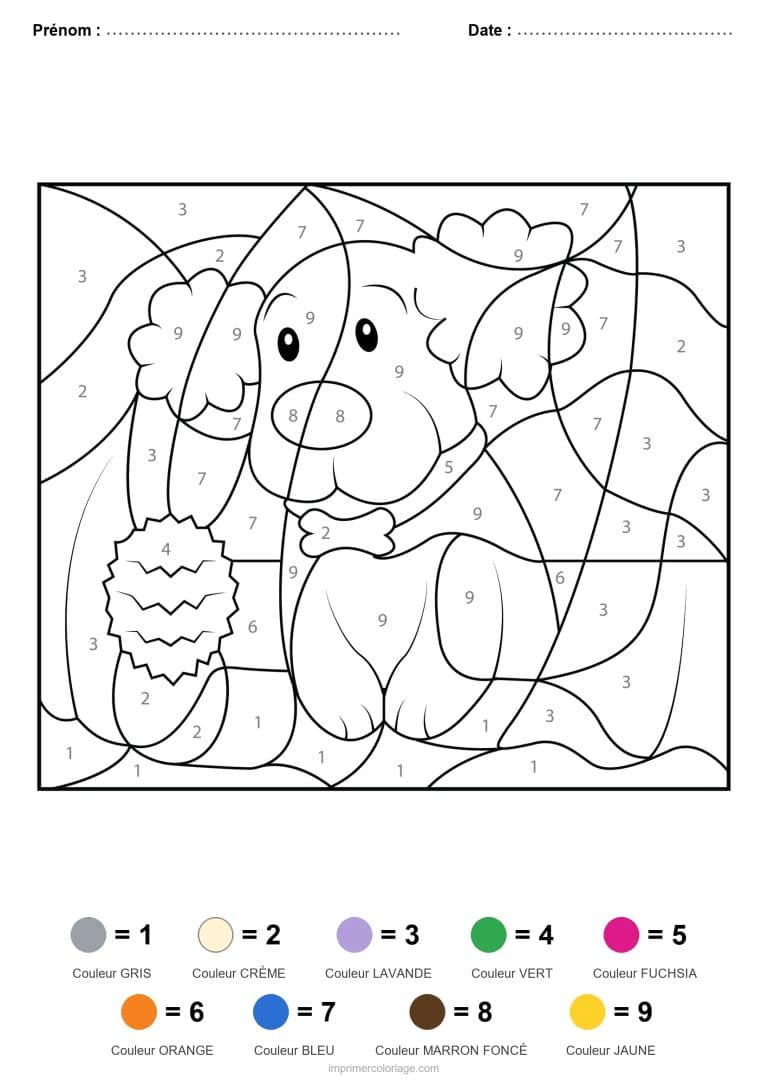 coloriage magique animaux chiot et fleur, dessin gratuit &agrave; imprimer