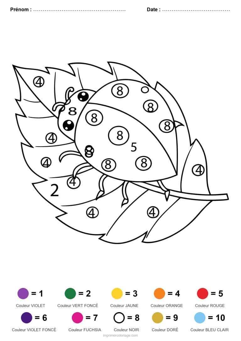 coloriage magique animaux coccinelle sur feuille, dessin gratuit &agrave; imprimer