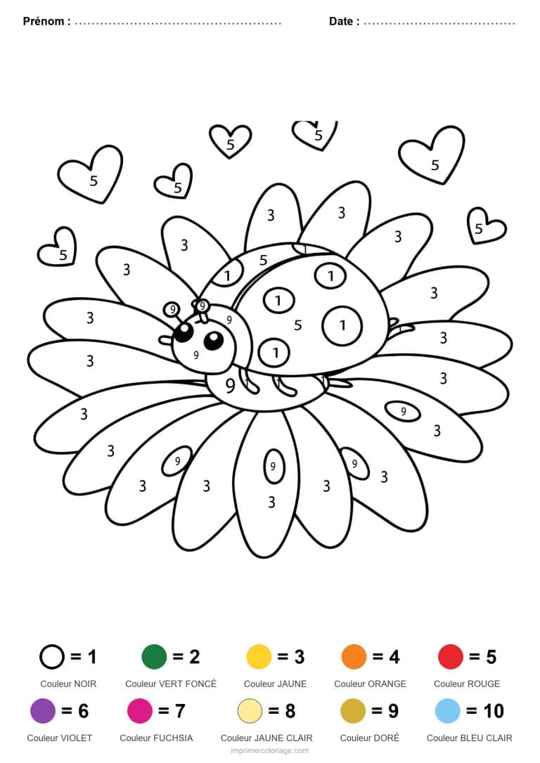coloriage magique animaux coccinelle sur la fleur, dessin gratuit &agrave; imprimer