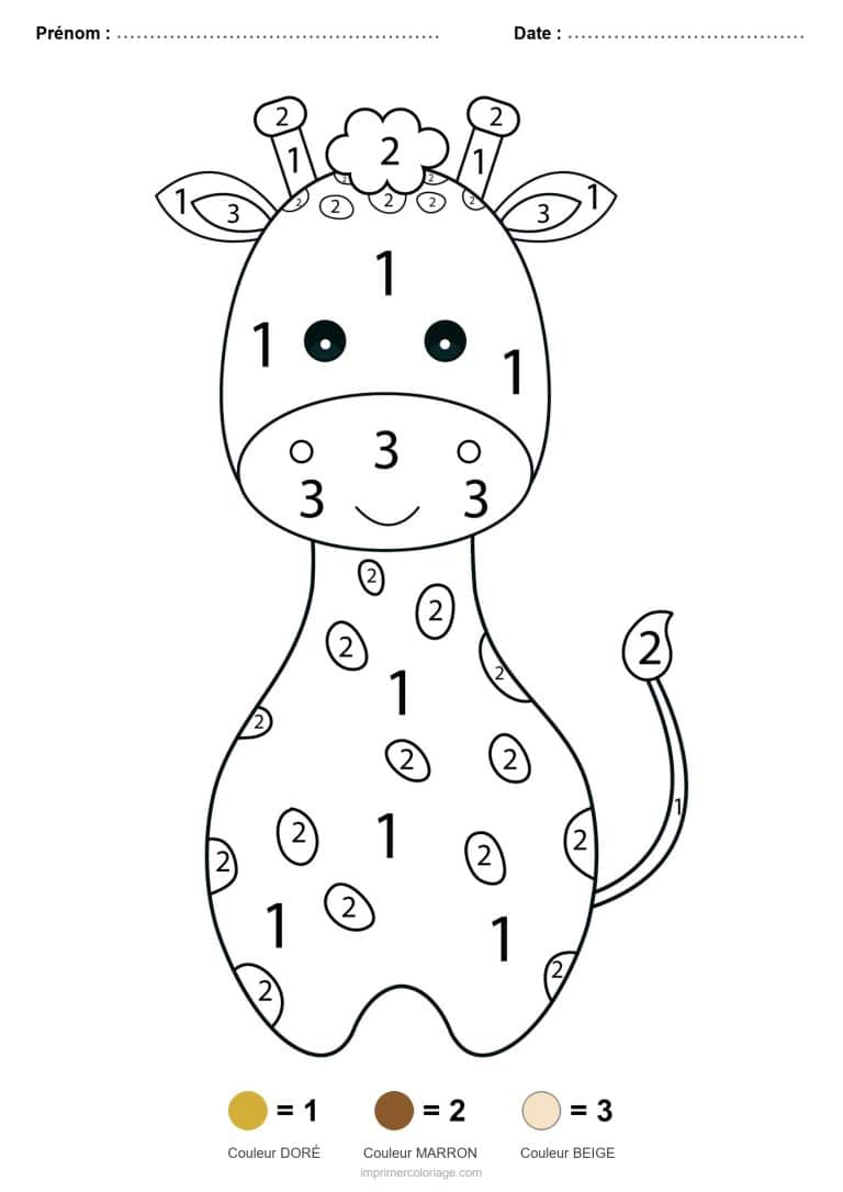 coloriage magique animaux girafe souriante, dessin gratuit &agrave; imprimer