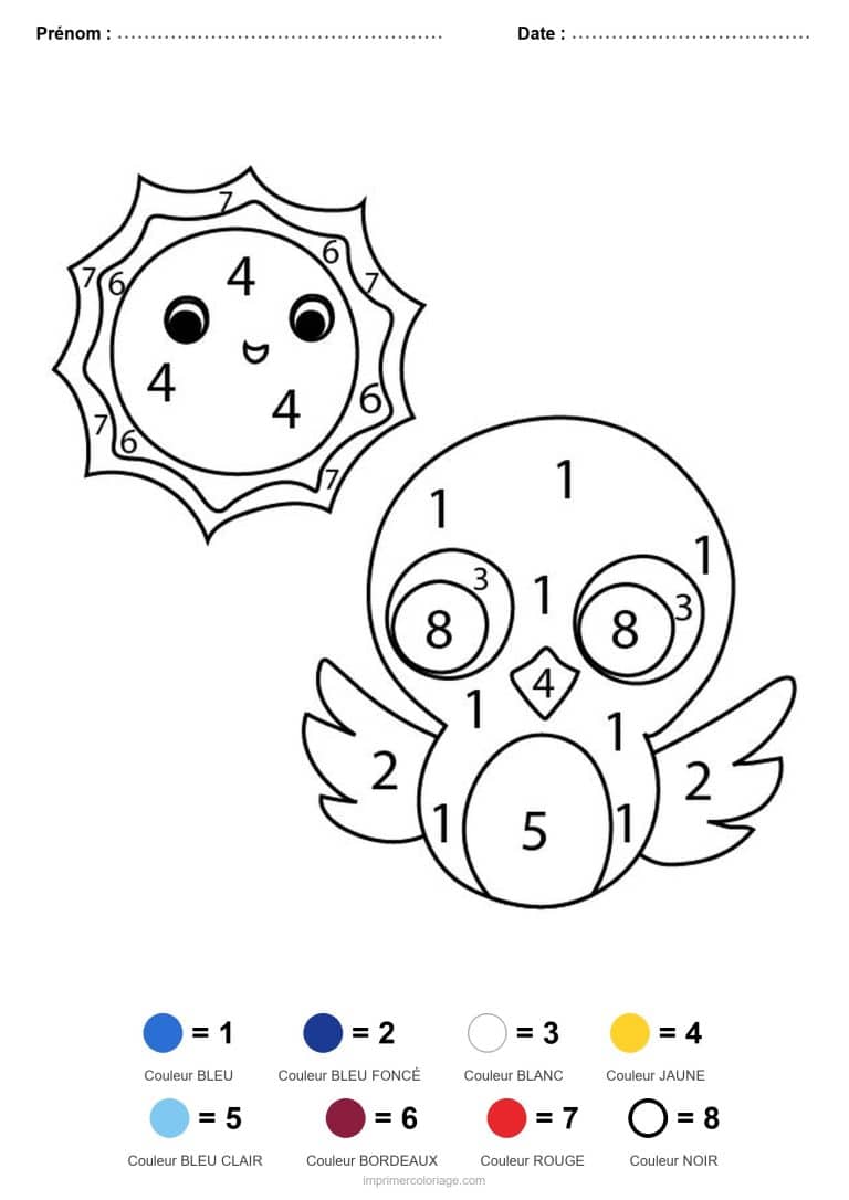 coloriage magique animaux hibou et soleil, dessin gratuit &agrave; imprimer