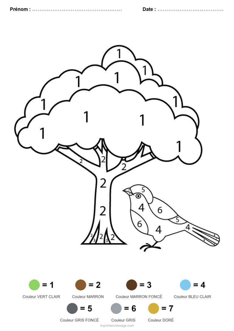 coloriage magique animaux oiseau dans l arbre, dessin gratuit &agrave; imprimer