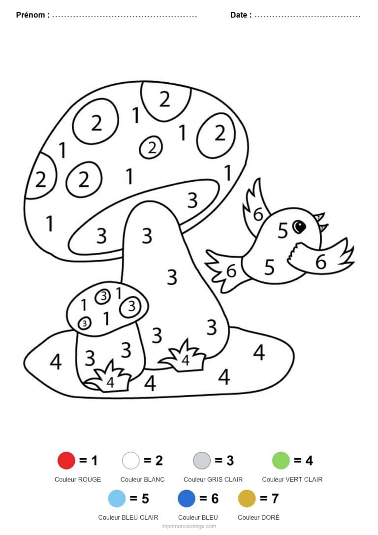coloriage magique animaux oiseau et champignons, dessin gratuit &agrave; imprimer