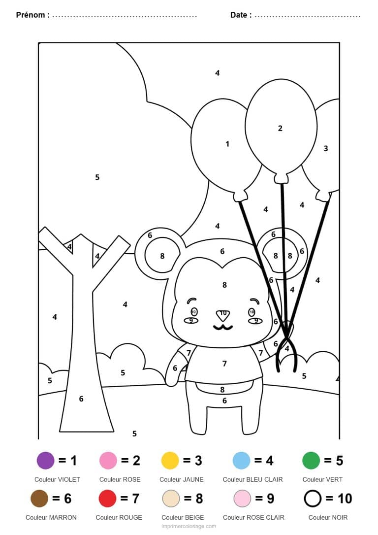 coloriage magique animaux ourson et ballons, dessin gratuit &agrave; imprimer