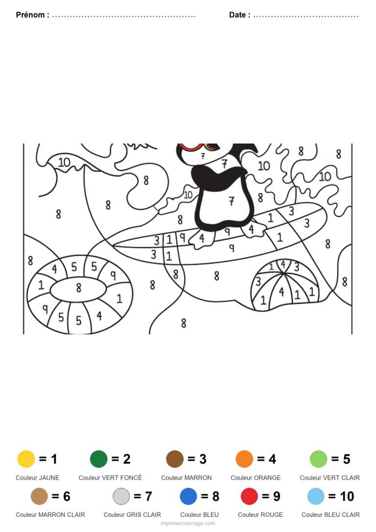 coloriage magique animaux pingouin surfeur, dessin gratuit &agrave; imprimer