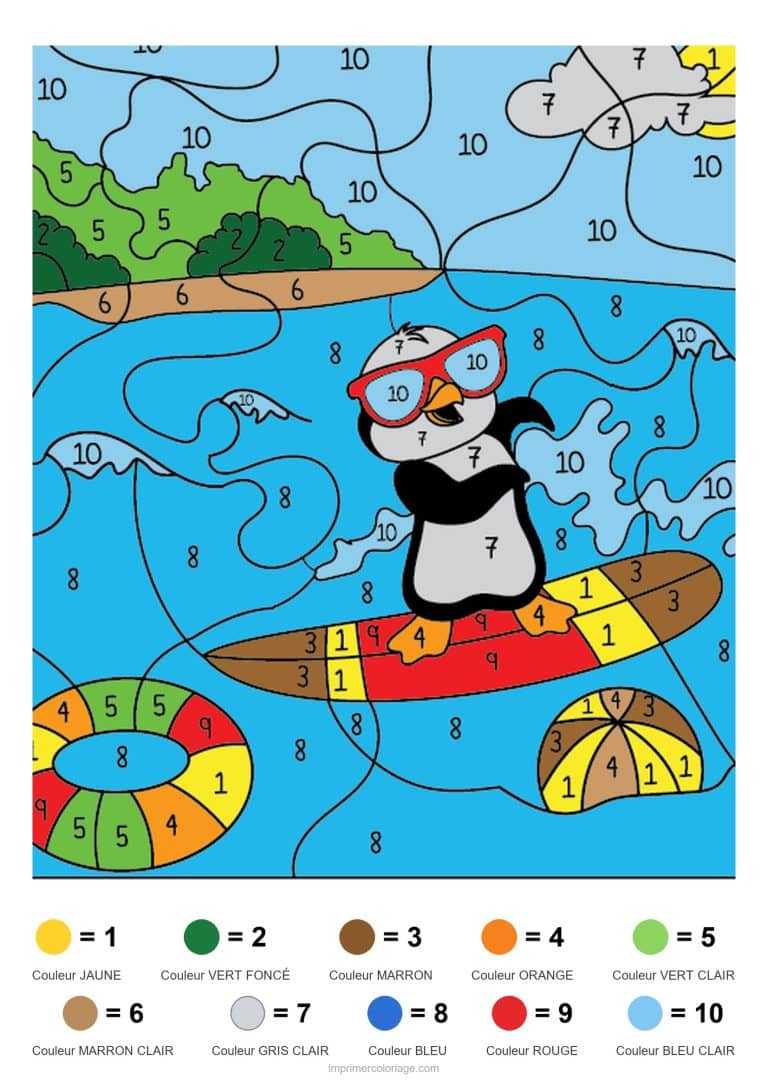 coloriage magique animaux pingouin surfeur modele, dessin gratuit &agrave; imprimer