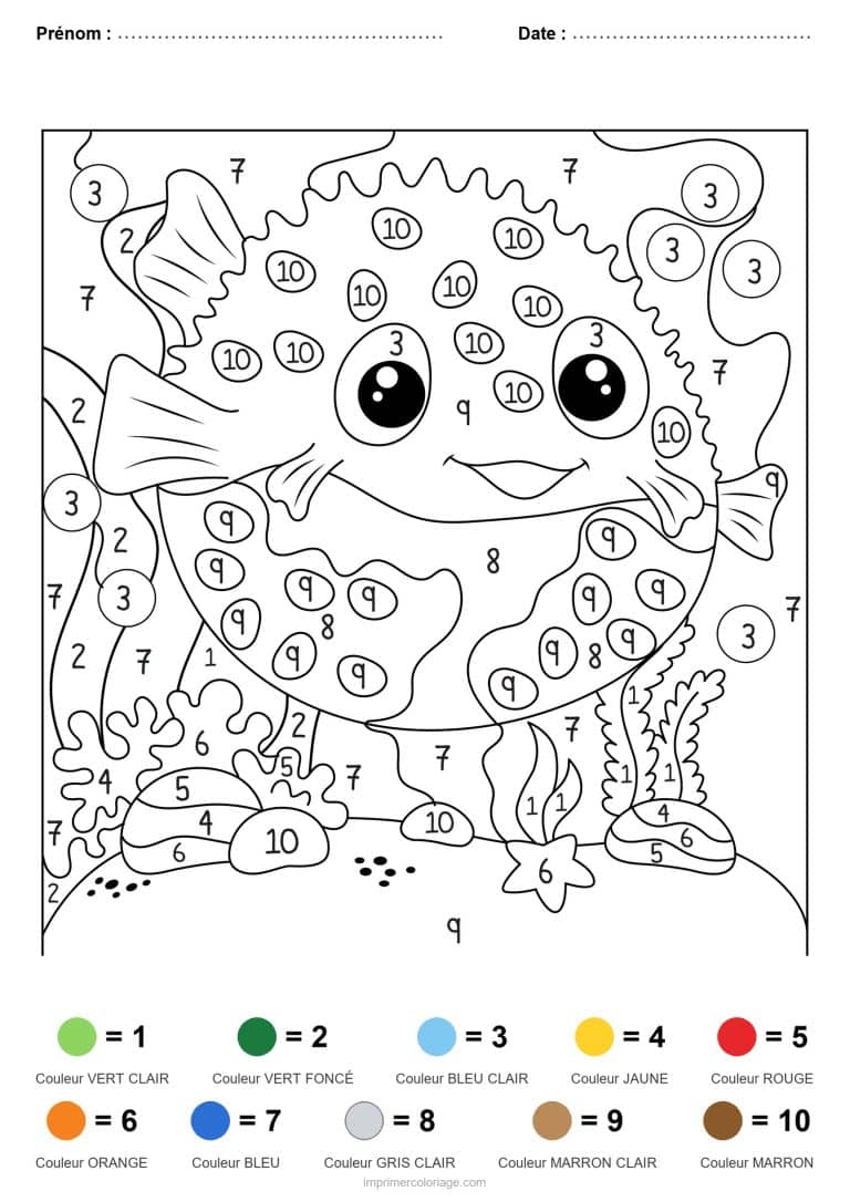 coloriage magique animaux poisson globe, dessin gratuit &agrave; imprimer