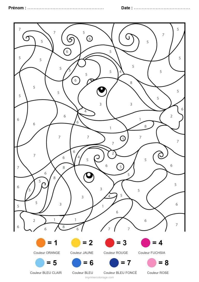 coloriage magique animaux poissons dans les vagues, dessin gratuit &agrave; imprimer