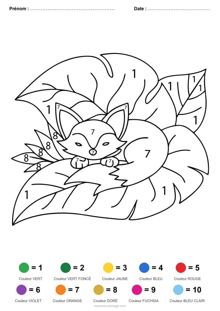coloriage magique animaux renard endormi, dessin gratuit &agrave; imprimer