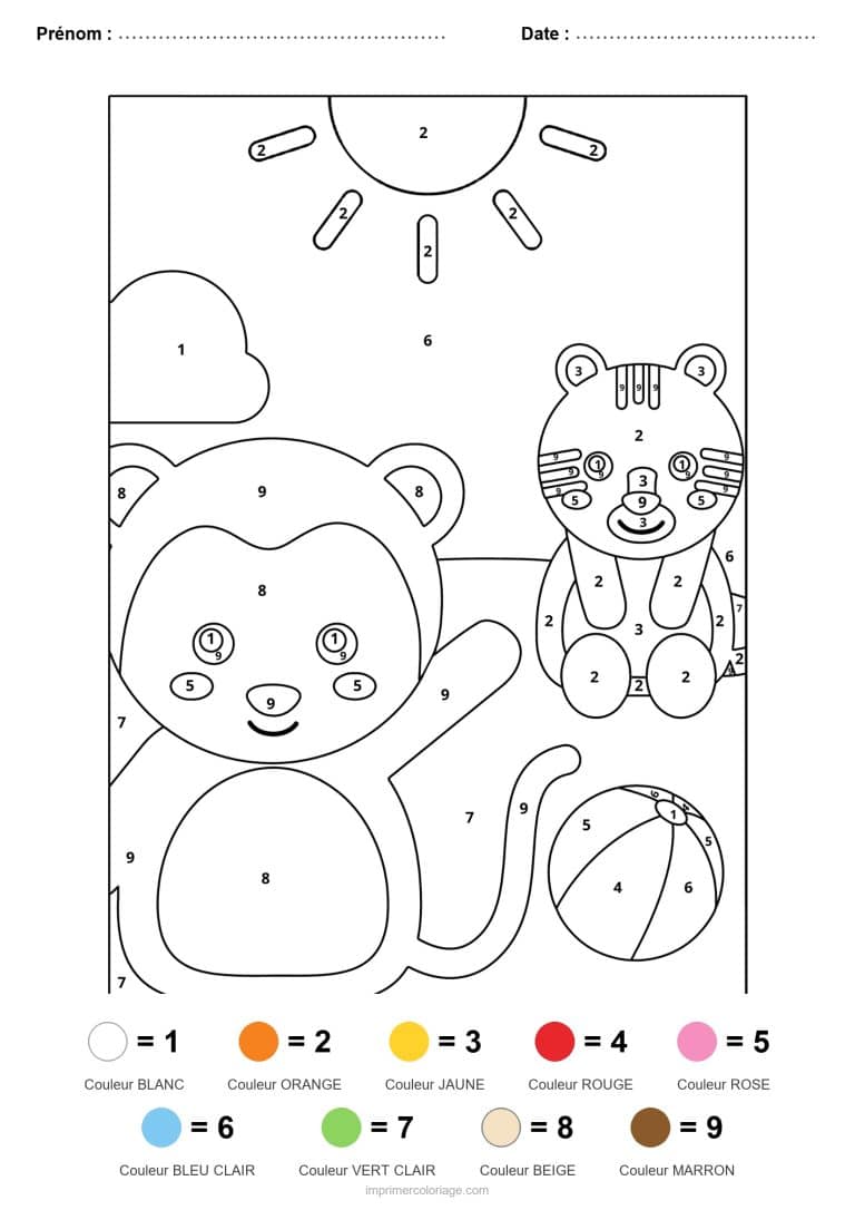 coloriage magique animaux singe et tigre, dessin gratuit &agrave; imprimer